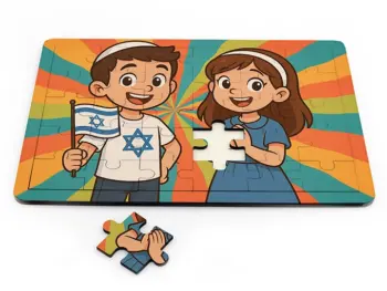 פאזל עץ לילדים עם דמויות של ילד וילדה מחזיקים דגל ישראל
