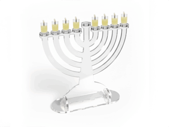 חנוכייה אקרילית שקופה בעיצוב נקי ומודרני עם כוסיות שמן זכוכית